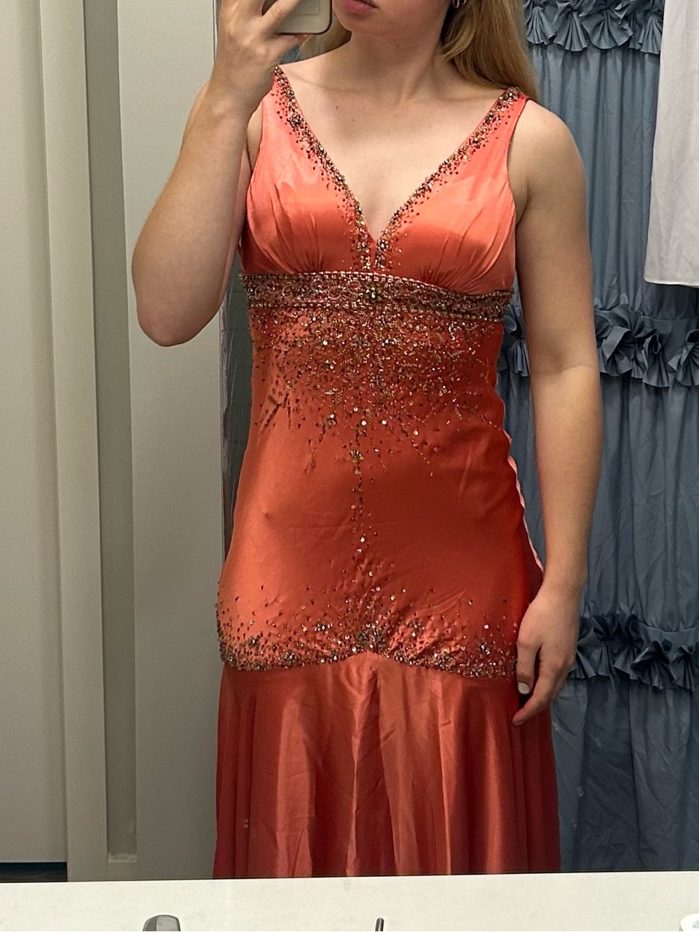Riva Designs Beaded Coral V-Neck Prom Gown